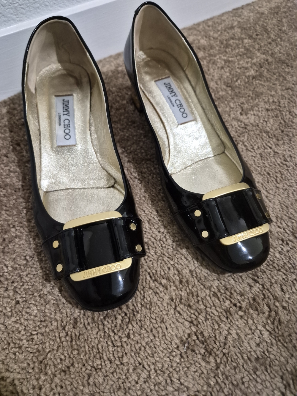 Jimmy Choo Black Patent Leather Bow Ballet Flats with Gold Accent